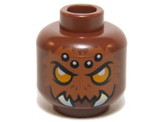 LEGO part Minifigure, Head Alien Chima Spider with Bright Light Orange Eyes, Dark Orange Fur, Black and White Spots on Forehead, and White Fangs Pattern (3626pb1081)