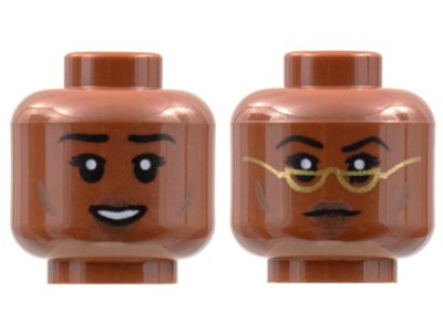 LEGO part Minifigure, Head Dual Sided Female, Black Eyebrows, Dark Brown Cheek Lines and Lips, Open Smile / Neutral with Gold Glasses Pattern - Hollow Stud (3626pb2837)