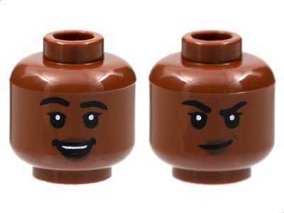 LEGO part Minifigure, Head Dual Sided Female Black Eyebrows Thick, Single Eyelashes, Dark Brown Lips, Open Mouth Smile with Top Teeth and Red Tongue / Smirk Pattern - Hollow Stud (3626pb3015)
