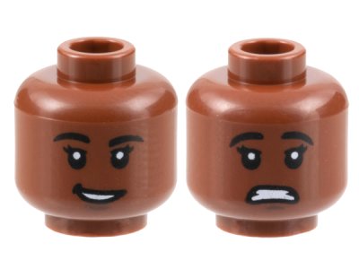 LEGO part Minifigure, Head Dual Sided Female, Black Eyebrows, Dark Brown Chin Dimple, Open Mouth, Lopsided Smile / Scared Pattern - Hollow Stud (3626pb3162)