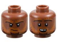 LEGO part Minifigure, Head Dual Sided Dark Orange Eyebrows and Beard with Dark Red Highlights, Frown / Open Mouth Smile with Top Teeth Pattern - Vented Stud 3626pb3670