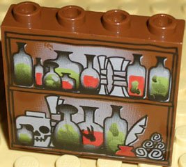 LEGO part Panel 1 x 4 x 3 - Hollow Studs with Potions, Scrolls, and Skull on Shelves Pattern (4215bpx1)