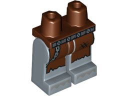 LEGO part Hips and Sand Blue Legs with Silver Belt and Chain, Tattered Reddish Brown Apron, Silver Spiked Boot Tips Pattern (970c55pb15)