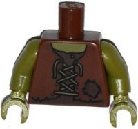 LEGO part Torso Vest Tattered with Laces and Patch over Dark Brown Shirt Pattern / Olive Green Arms / Olive Green Hands 973pb1853c01