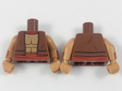 LEGO part Torso Vest with Red Collar and Belt, Muscle Contours Pattern / Medium Nougat Arms with Red Cuffs Pattern / Medium Nougat Hands (973pb2948c01)