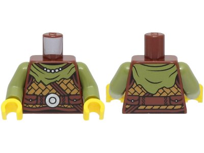LEGO part Torso Viking Armor, Medium Nougat Leather, Olive Green Bandana, Necklace, Strap, Belt with Silver Disk Pattern / Olive Green Arms / Yellow Hands (973pb4776c01)
