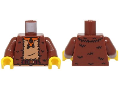 LEGO onderdeel Torso Fur Jacket Open over Medium Nougat Shirt with Orange Collar, Dark Red Belt with Round Buckle Pattern (BAM) / Reddish Brown Arms / Yellow Hands (973pb6010c01)