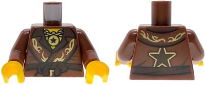 LEGO part Torso Robe with Gold Swirls, Dark Brown Lapels and Sash, Pendant Necklace with Black Star, Yellow Neck Pattern (BAM) / Reddish Brown Arms / Yellow Hands (973pb6540c01)