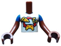 LEGO onderdeel Torso Mini Doll Boy White Shirt with Red Curved Arrows and Yellow 'ZZZ', Pizza, and Game Controller Pattern, Reddish Brown Arms with Hands with Blue Short Sleeves FTBpb086c01