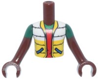 LEGO onderdeel Torso Mini Doll Boy White Jacket with Blue Pockets, Yellow Bottom and Collar over Red Shirt, 'POW! in Star on Back Pattern, Reddish Brown Arms with Hands with Green Short Sleeves FTBpb135c01
