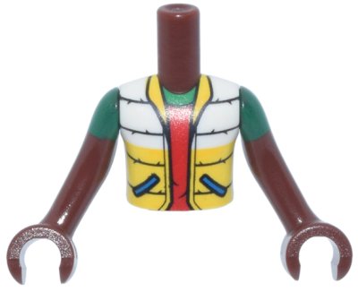 LEGO part Torso Mini Doll Boy White Jacket with Blue Pockets, Yellow Bottom and Collar over Red Shirt, 'POW! in Star on Back Pattern, Reddish Brown Arms with Hands with Green Short Sleeves (FTBpb135c01)