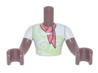 LEGO onderdeel Torso Mini Doll Man White Shirt with Yellowish Green Swirls, Coral Scarf Pattern, Reddish Brown Arms with Hands with White Short Sleeves FTMpb066c01