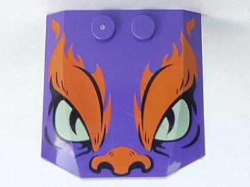 LEGO part Wedge 4 x 4 x 2/3 Triple Curved with Orange Flames and Nose, Yellowish Green Eyes, Black Slit Pupils Pattern (45677pb121)