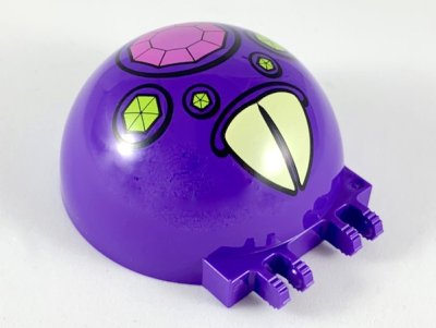 LEGO part Windscreen 6 x 6 x 3 Canopy Half Sphere with Dual 2 Fingers with Dark Pink and Lime Jewels with Large Yellowed Teeth Pattern (50747pb16)