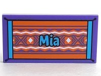 LEGO part Tile 2 x 4 with Dark Azure 'Mia' on Orange Beach Towel with White Diamonds and Wavy Lines Pattern 87079pb0602
