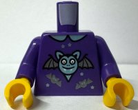 LEGO part Torso Shirt with Collar, Metallic Light Blue Large Bat with Grin and Dark Silver Wings, Small Bats and Stars Pattern (BAM) / Dark Purple Arms / Yellow Hands 973pb6375c01