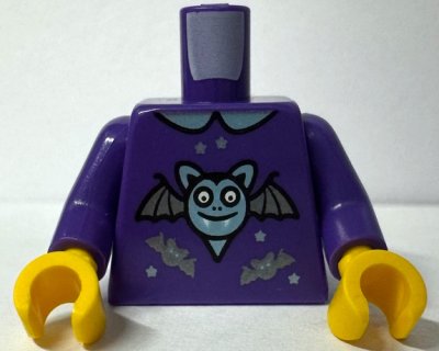 LEGO part Torso Shirt with Collar, Metallic Light Blue Large Bat with Grin and Dark Silver Wings, Small Bats and Stars Pattern (BAM) / Dark Purple Arms / Yellow Hands (973pb6375c01)