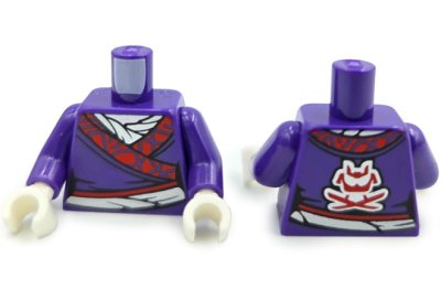 LEGO part Torso Female Tunic with Red and Silver Hem and Sash, White Shirt, Samurai Helmet and Crossed Swords Logo on Back Pattern (BAM) / Dark Purple Arms / White Hands (973pb6484c01)