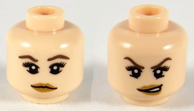 LEGO part Minifigure, Head Dual Sided Female, Dark Brown Eyebrows and Eye Shadow, Medium Nougat Lips, Neutral / Conniving Pattern (3626pb0564)