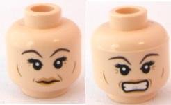 LEGO part Minifigure, Head Dual Sided Female, Dark Brown Eyebrows, Crow's Feet, Smile / Angry Pattern (HP Narcissa) (3626pb0590)