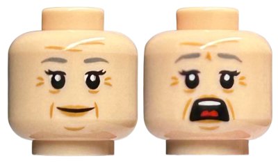 LEGO part Minifigure, Head Dual Sided Female Dark Bluish Gray Eyebrows, Wrinkles, Smile / Open Mouth Scared Pattern (3626pb1636)