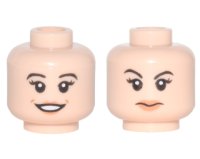 LEGO part Minifigure, Head Dual Sided Female Black Eyebrows and Long Eyelashes, Nougat Lips, Open Smile / Closed Mouth, Eyebrow Raised Pattern 3626pb1689