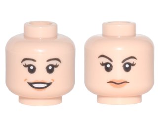 LEGO part Minifigure, Head Dual Sided Female Black Eyebrows and Long Eyelashes, Nougat Lips, Open Smile / Closed Mouth, Eyebrow Raised Pattern (3626pb1689)