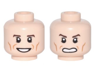 LEGO part Minifigure, Head Dual Sided Reddish Brown Eyebrows, Cheek Lines, Open Mouth, Smile / Scowl Pattern (Newt) (3626pb1694)