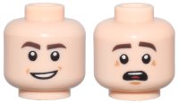 LEGO part Minifigure, Head Dual Sided Dark Brown Eyebrows, Open Mouth Smile / Scared with Top Teeth and Red Tongue Pattern 3626pb1794