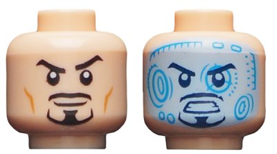 LEGO part Minifigure, Head Dual Sided Black Eyebrows and Goatee, Raised Eyebrow / Bright Light Blue and Dark Azure Head-Up Display Pattern (3626pb2060)