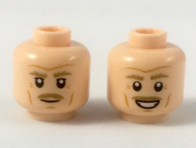 LEGO part Minifigure, Head Dual Sided Dark Tan Eyebrows and Moustache, Dark Orange Brow Furrow, Crow's Feet, Cheek Lines, Neutral / Smile Pattern - Hollow Stud (3626pb2230)