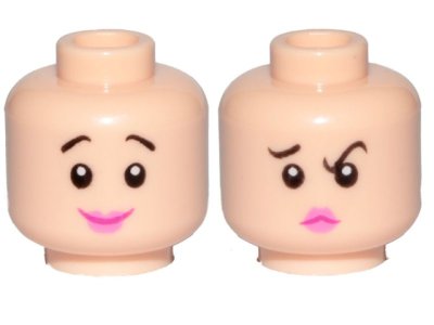 LEGO part Minifigure, Head Dual Sided Female, Black Eyebrows, Pink Lips, Smile / Concerned Pattern (Wilma Flintstone) - Hollow Stud (3626pb2340)