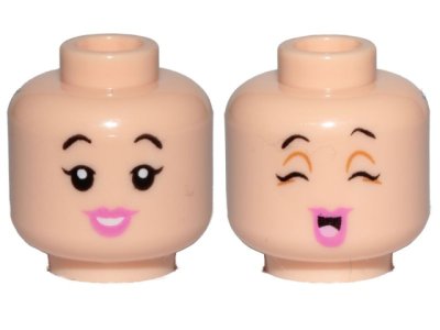 LEGO part Minifigure, Head Dual Sided Female, Black Eyebrows, Pink Lips, Smile / Cheerful Pattern (Betty Rubble) - Hollow Stud (3626pb2342)