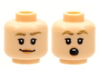 LEGO part Minifigure, Head Dual Sided Female, Dark Tan Eyebrows, Nougat Lips, Smile / Surprised Open Round Mouth with Top Teeth Pattern - Hollow Stud 3626pb2480