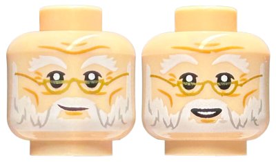 LEGO part Minifigure, Head Dual Sided White Bushy Eyebrows and Beard, Gold Glasses, Grin / Smile with Teeth Pattern - Hollow Stud (3626pb2670)