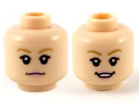 LEGO part Minifigure, Head Dual Sided Female, Dark Tan Eyebrows, Bright Pink Lips, Neutral / Smile Showing Teeth Pattern - Hollow Stud 3626pb2683