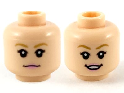 LEGO part Minifigure, Head Dual Sided Female, Dark Tan Eyebrows, Bright Pink Lips, Neutral / Smile Showing Teeth Pattern - Hollow Stud (3626pb2683)