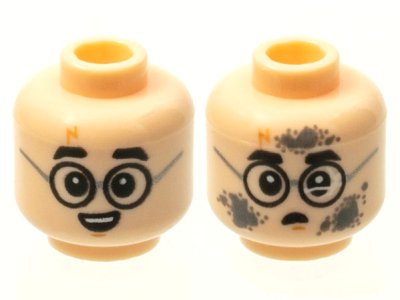 LEGO part Minifigure, Head Dual Sided Child Black Eyebrows, Round Glasses, Medium Nougat Lightning Bolt Scar and Chin Dimple, Open Mouth Smile with Top Teeth / Broken Lens and Dark Bluish Gray Dirt Stains Pattern - Hollow Stud (3626pb2688)