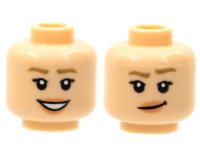 LEGO part Minifigure, Head Dual Sided Female Dark Tan Eyebrows, Nougat Lips, Open Mouth Smile with Teeth / Lopsided Grin with Raised Eyebrow Pattern - Hollow Stud 3626pb2798