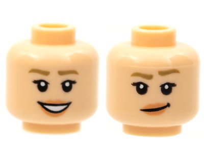 LEGO part Minifigure, Head Dual Sided Female Dark Tan Eyebrows, Nougat Lips, Open Mouth Smile with Teeth / Lopsided Grin with Raised Eyebrow Pattern - Hollow Stud (3626pb2798)