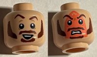 LEGO onderdeel Minifigure, Head Dual Sided, Reddish Brown Eyebrows, Moustache, Sideburns Raised Eyebrow with Smirk / Angry with Iron Burn Print Pattern - Hollow Stud 3626pb2897