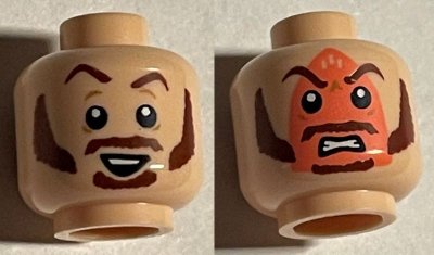LEGO part Minifigure, Head Dual Sided, Reddish Brown Eyebrows, Moustache, Sideburns Raised Eyebrow with Smirk / Angry with Iron Burn Print Pattern - Hollow Stud (3626pb2897)