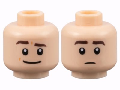 LEGO part Minifigure, Head Dual Sided Dark Brown Eyebrows, Wide Grin with Raised Eyebrow Right / Neutral Pattern - Hollow Stud (3626pb3128)