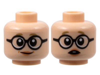 LEGO part Minifigure, Head Dual Sided Female, Dark Tan Eyebrows, Large Black Round Glasses, Peach Lips, Grin / Surprised with Open Mouth Pattern - Hollow Stud (3626pb3136)