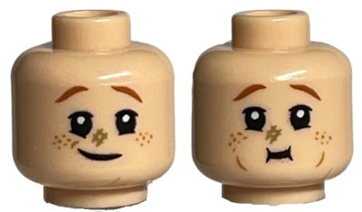 LEGO part Minifigure, Head Dual Sided Dark Orange Eyebrows, Medium Nougat Freckles, Dark Tan Scuff Mark, Lopsided Grin / Eating Pattern - Hollow Stud (3626pb3189)