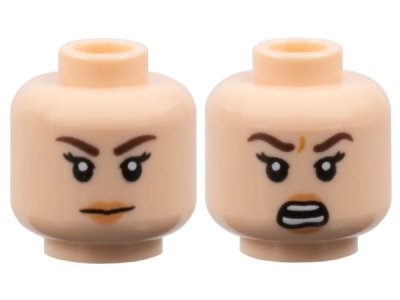 LEGO part Minifigure, Head Dual Sided Female Dark Brown Eyebrows, Black Eyelashes, Nougat Lips, Neutral / Angry Open Mouth with Teeth Parted Pattern - Hollow Stud (3626pb3239)