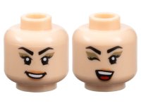 LEGO part Minifigure, Head Dual Sided Female Black Angled Eyebrows and Eyelashes, Dark Tan Eye Shadow, Nougat Lips, Open Mouth Smile with Teeth / Winking, Red Tongue Pattern - Vented Stud 3626pb3456