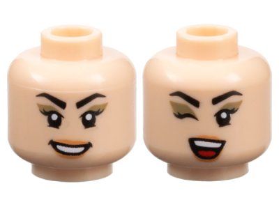 LEGO part Minifigure, Head Dual Sided Female Black Angled Eyebrows and Eyelashes, Dark Tan Eye Shadow, Nougat Lips, Open Mouth Smile with Teeth / Winking, Red Tongue Pattern - Vented Stud (3626pb3456)