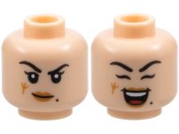 LEGO onderdeel Minifigure, Head Dual Sided Female Black Eyebrows, Beauty Mark, Medium Nougat Lips, Scar, Lopsided Grin / Open Mouth Smile and Closed Eyes Pattern - Vented Stud 3626pb3683