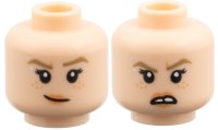 LEGO part Minifigure, Head Dual Sided Female, Dark Tan Eyebrows, Silver Eyebrow Piercing, Nougat Freckles and Lips, Lopsided Grin / Open Mouth Scowl with Tooth Gap Pattern 3626pb3950
